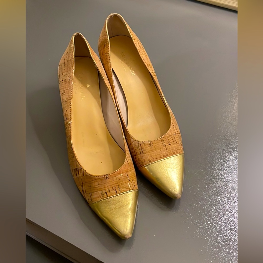 Kate Spade Cork Kitten Heels with Gold Toe